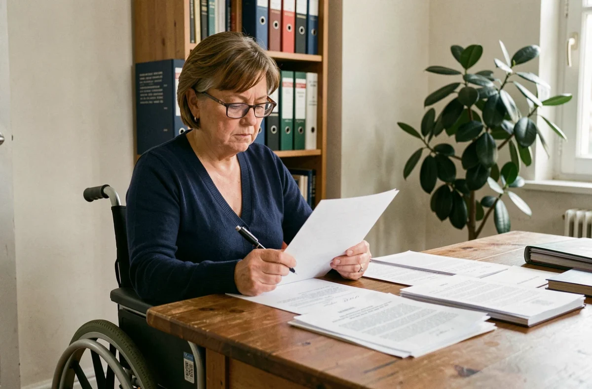 Locataire en fauteuil roulant révisant un courrier officiel pour faire valoir ses droits en matière de logement adapté