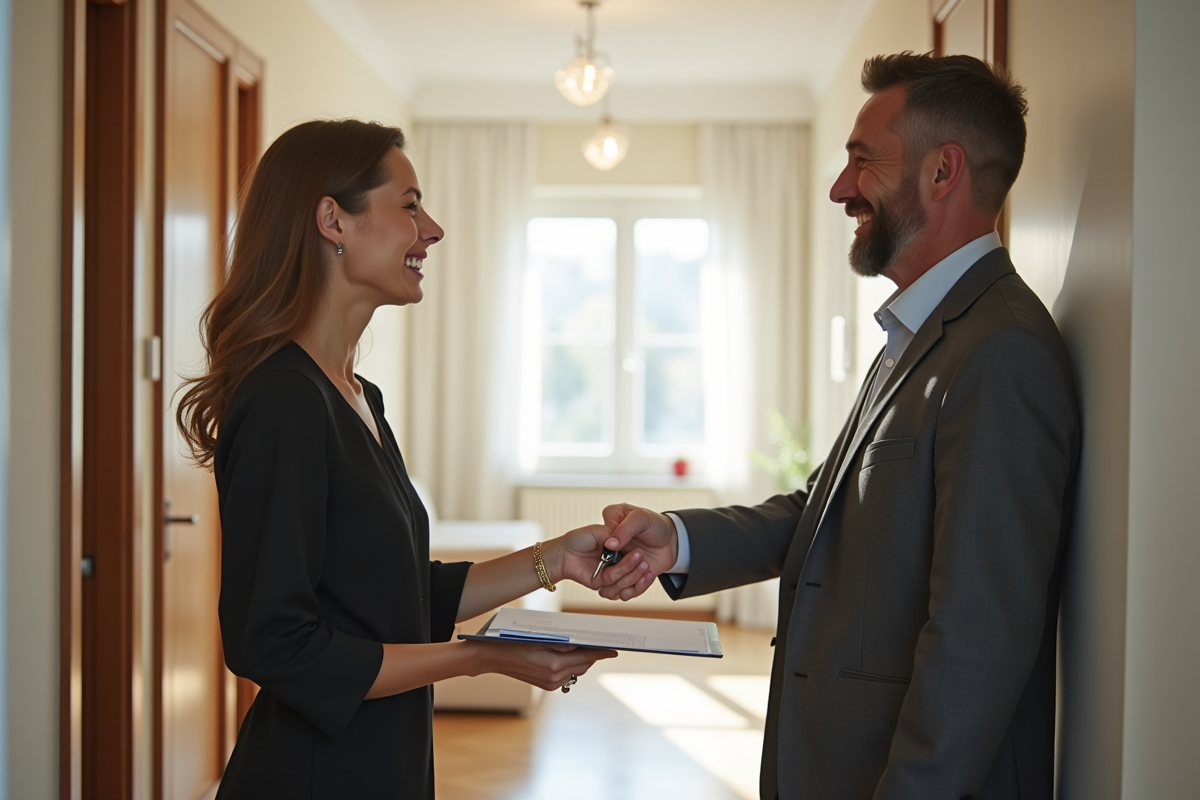 Propriétaire remettant les clés à un locataire souriant