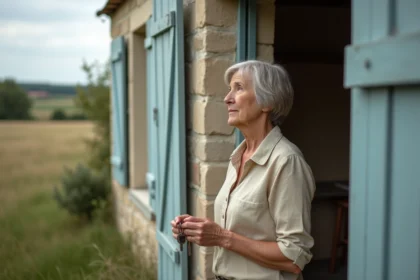Femme tenant des clés devant une maison ancienne en pierre à donner gratuitement en milieu rural