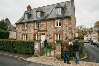 Maison normande traditionnelle à louer en Seine-Maritime avec panneau À Louer affiché près du portail