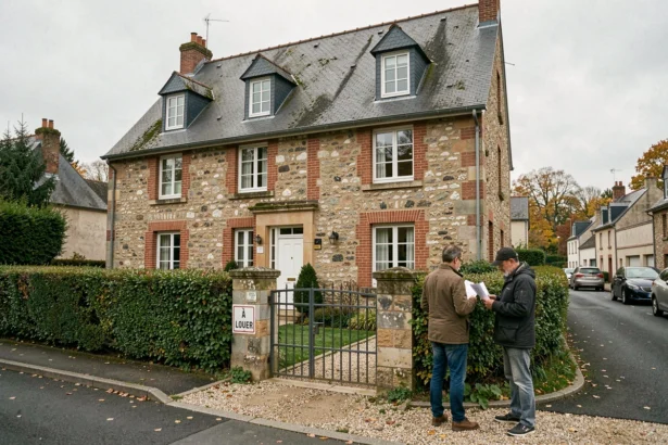 Maison normande traditionnelle à louer en Seine-Maritime avec panneau À Louer affiché près du portail