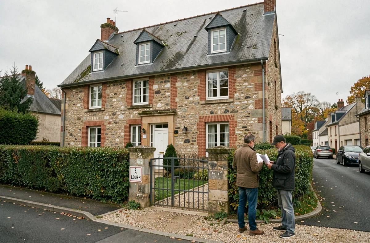 Maison normande traditionnelle à louer en Seine-Maritime avec panneau À Louer affiché près du portail