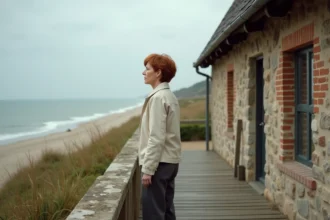 Femme sur la terrasse d'une maison normande à colombages avec vue sur la mer de la Manche en Normandie