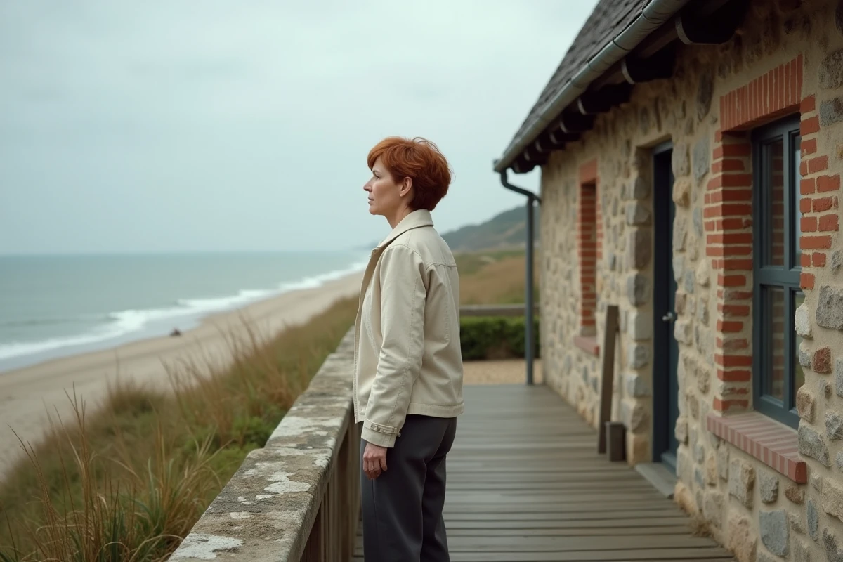 Femme sur la terrasse d'une maison normande à colombages avec vue sur la mer de la Manche en Normandie