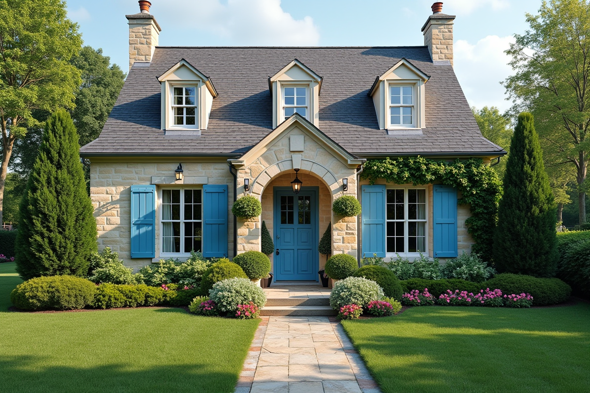 Charmante maison française avec porte bleue et façade en pierre