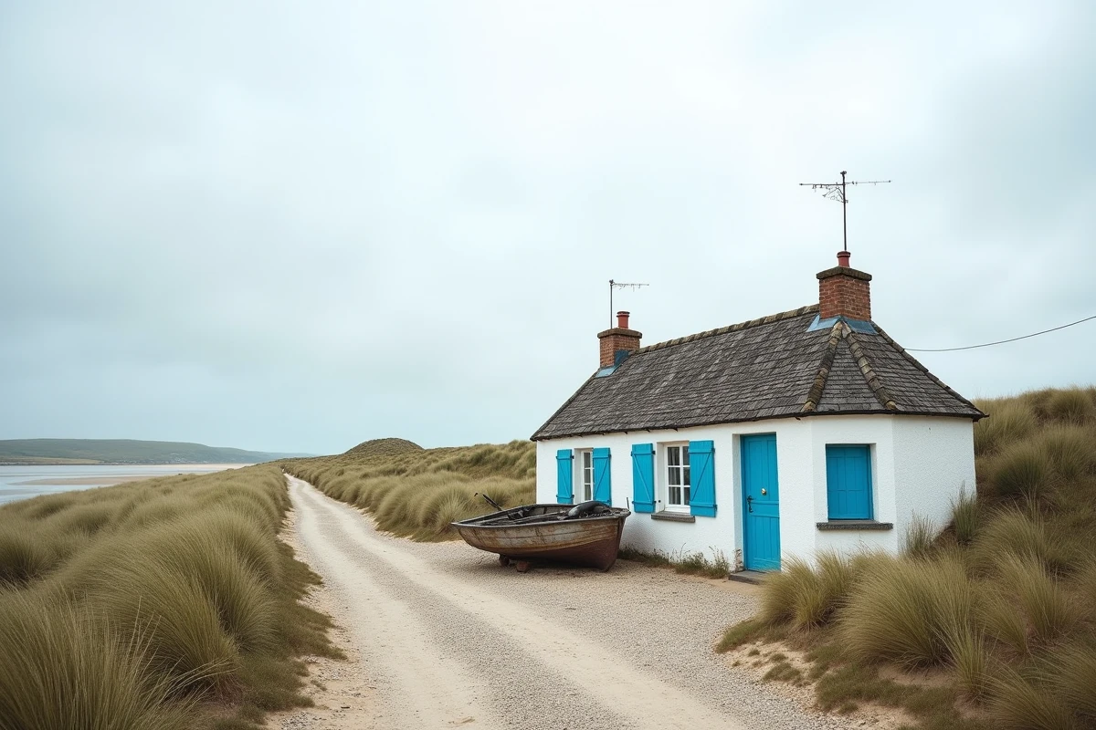 Maison de pêcheur blanche face à la plage en Bretagne