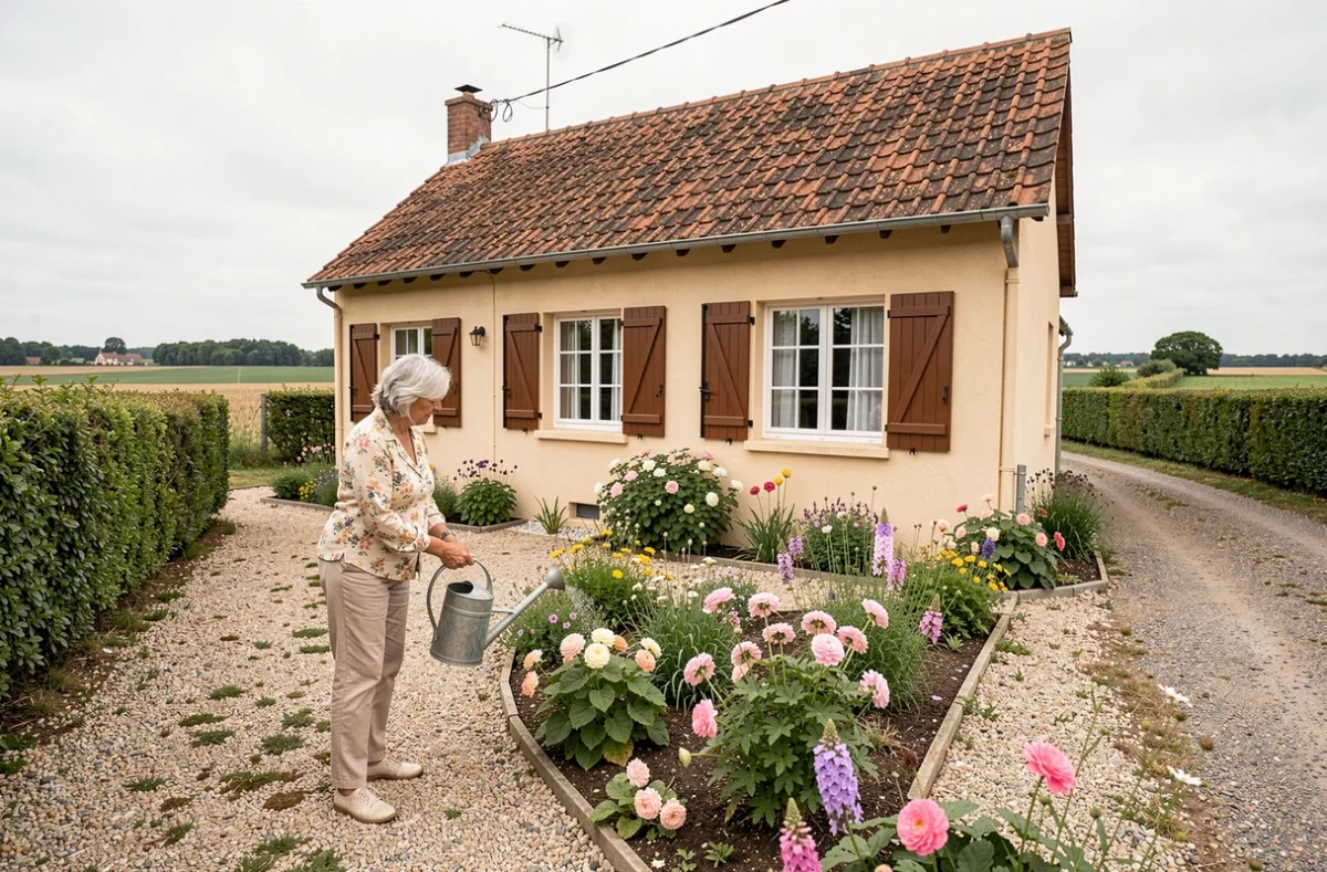 Maison individuelle de plain-pied Maisons Alysia 72 avec façade beige, volets bruns et jardin fleuri dans la campagne sarthoise