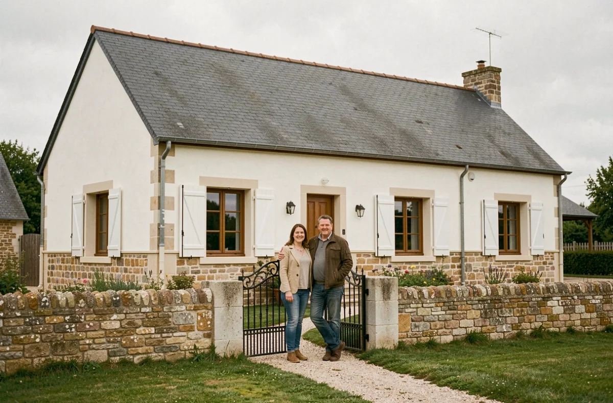 Maison individuelle Maisons Concept avec façade mixte pierre et enduit blanc, toit ardoise et jardin soigné dans la Sarthe