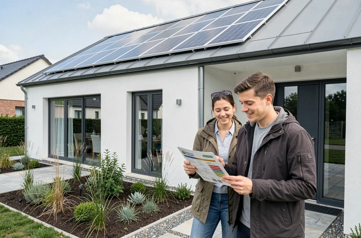 Couple devant une maison passive Maisons de l'Avenir avec panneaux solaires et jardin écologique dans un lotissement de la Sarthe