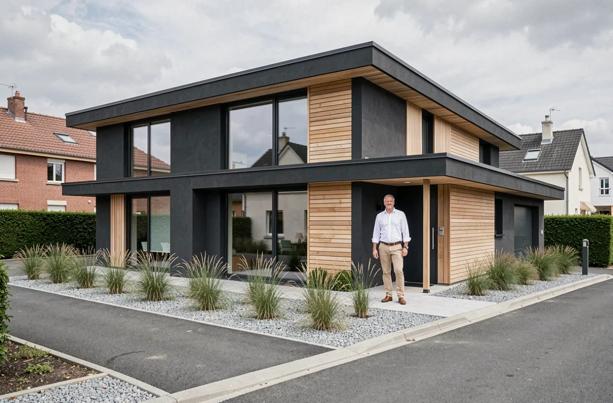 Maison individuelle contemporaine Maisons LG avec façade gris anthracite, bardage bois clair et grandes fenêtres dans la Sarthe