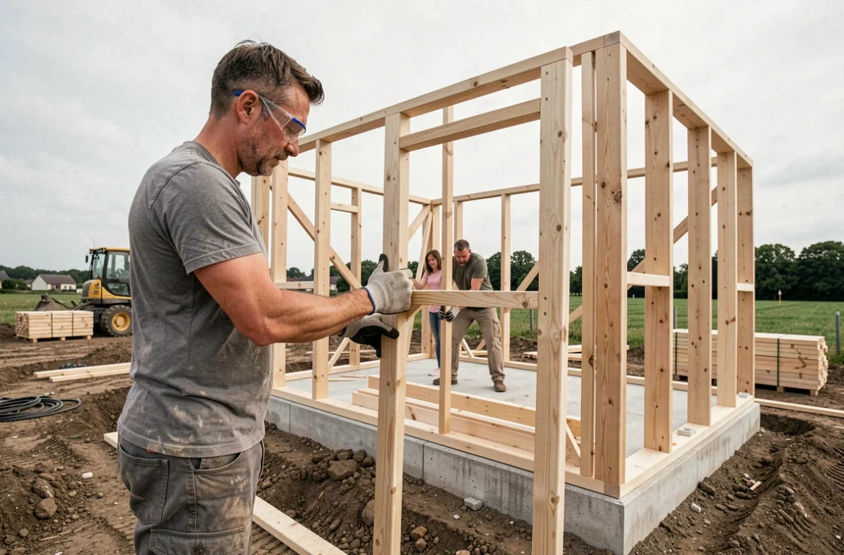 Famille en train d'assembler l'ossature bois d'une maison Maisons Mikit en autoconstruction sur un terrain dans la Sarthe
