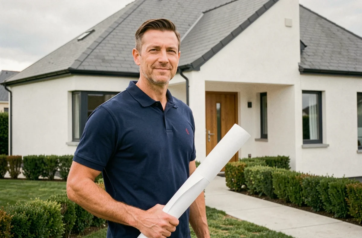 Constructeur Maisons Socoren devant une maison individuelle neuve à façade blanche et toit ardoise dans la Sarthe, avec plan architectural sous le bras