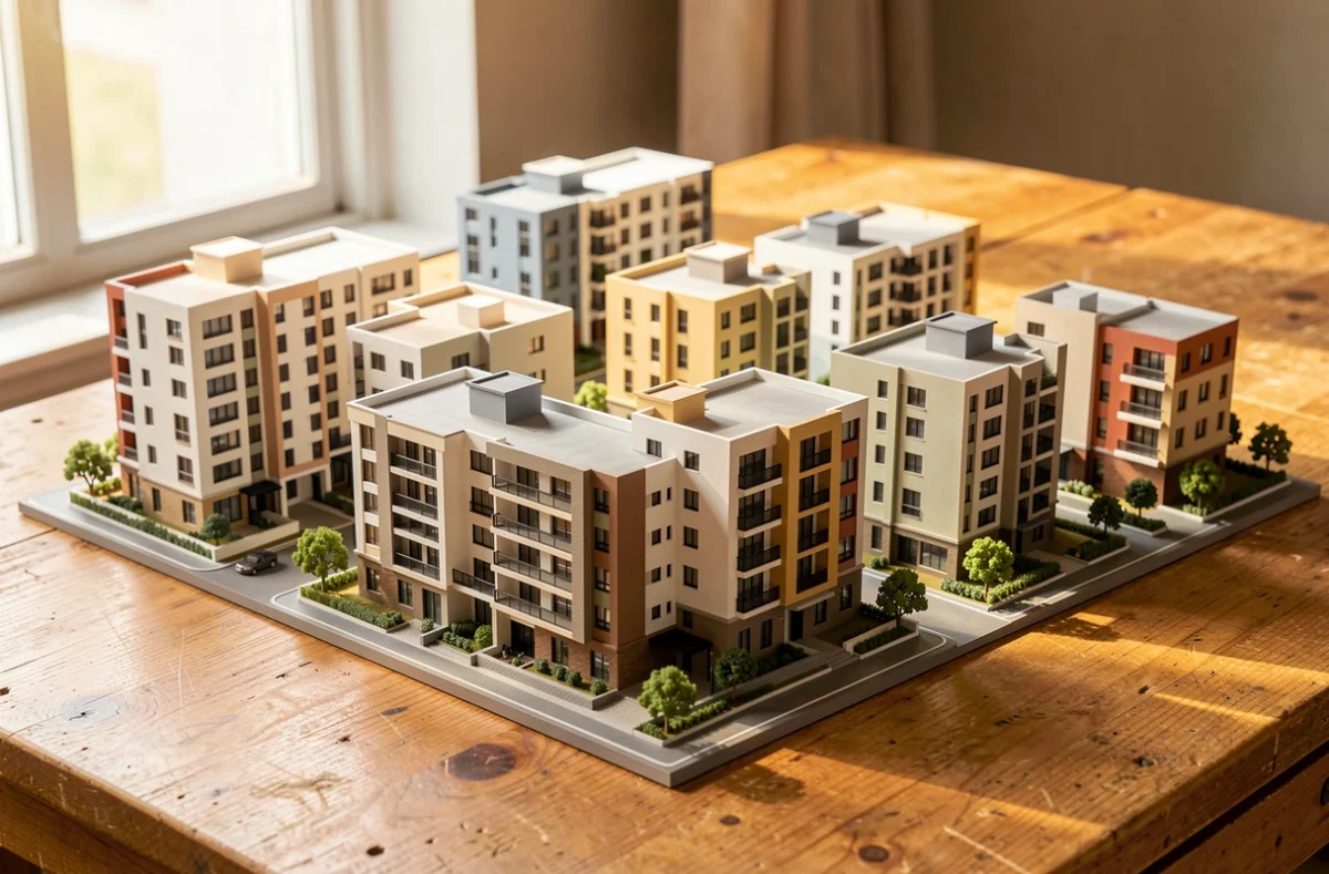 Maquettes de petits immeubles posées sur une table en bois