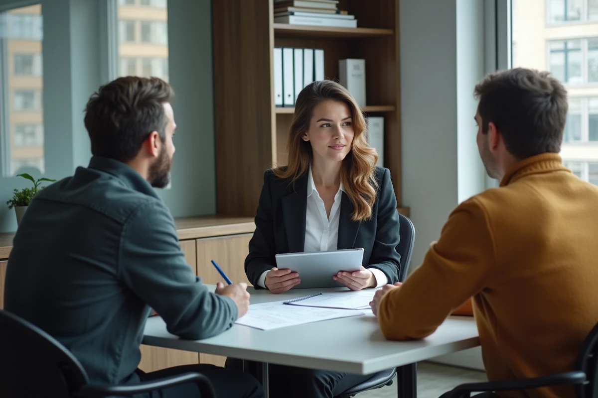 Femme médiatrice avec tablette dans un bureau immobilier
