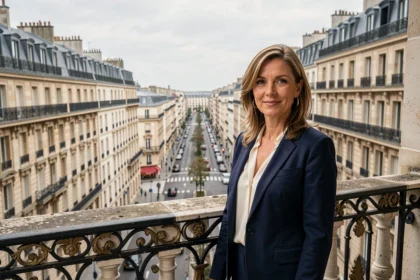 Agent immobilière professionnelle sur un balcon haussmannien avec vue panoramique sur les toits de Paris