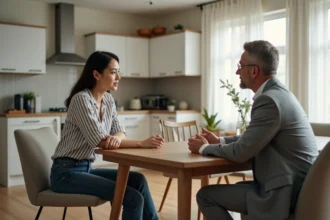 Femme et agent immobilier discutent à la maison