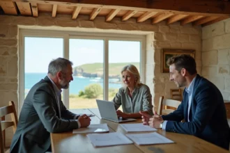 Couple en train de négocier le prix d'une maison en Normandie avec vue mer, assis avec un agent immobilier autour de documents de vente