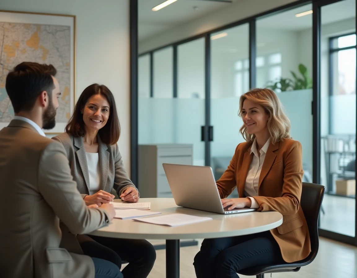 Réunion entre propriétaires et locataire dans une agence immobilière pour discuter d'une résiliation de bail à l'amiable