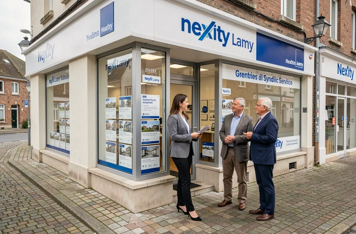 Façade d'une agence Nexity Lamy dans les Yvelines avec une conseillère accueillant des copropriétaires devant la vitrine affichant les services de syndic