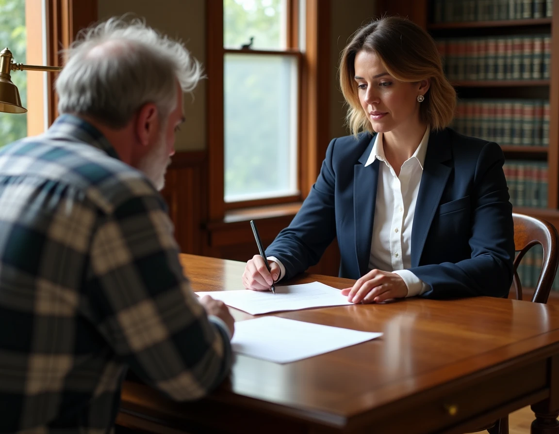 Notaire et agriculteur examinant un bail rural dans un bureau, conseil juridique pour récupérer des terres agricoles louées