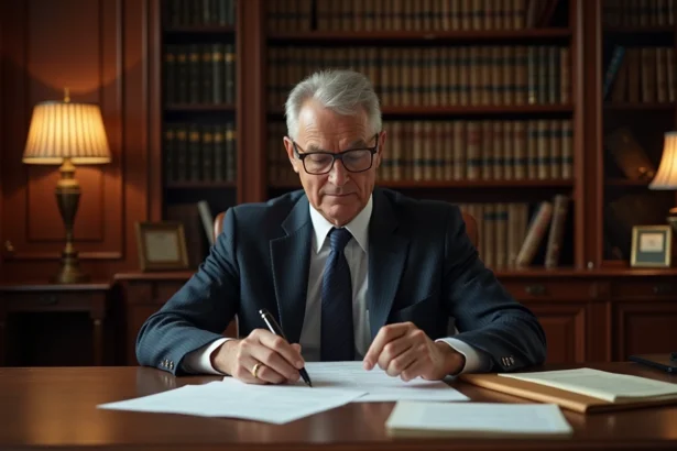 Notaire en costume sombre examinant des documents immobiliers dans un bureau officiel en bois pour une estimation de bien locatif