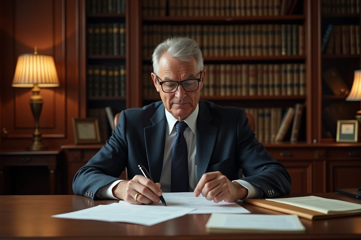 Notaire en costume sombre examinant des documents immobiliers dans un bureau officiel en bois pour une estimation de bien locatif