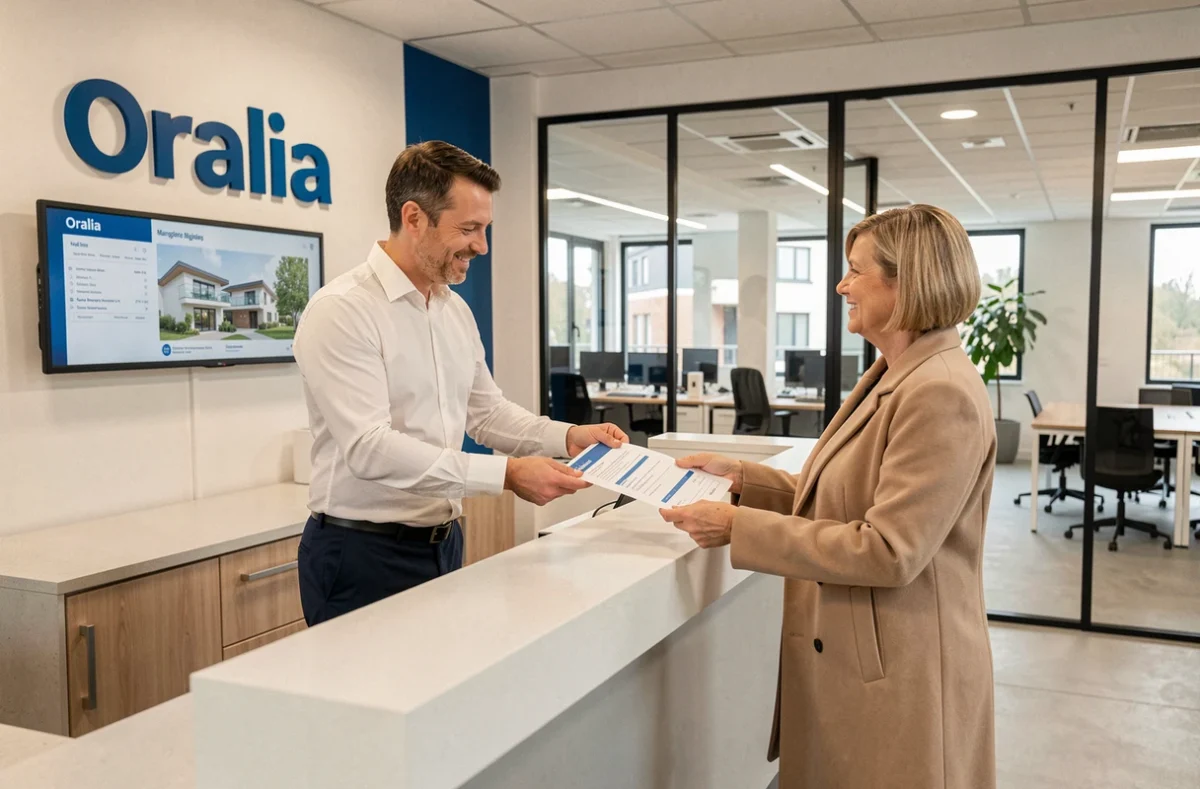 Agent de l'agence Oralia dans les Yvelines remettant un contrat de syndic à une copropriétaire à l'accueil d'une agence moderne aux couleurs de la marque