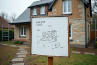 Panneau de déclaration préalable de travaux affiché sur un piquet en bois devant une maison en rénovation avec échafaudage