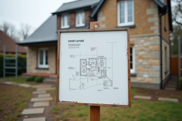 Panneau de déclaration préalable de travaux affiché sur un piquet en bois devant une maison en rénovation avec échafaudage