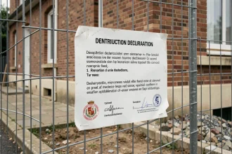 Panneau de déclaration de travaux lisible depuis la rue fixé sur une clôture de chantier en milieu pavillonnaire