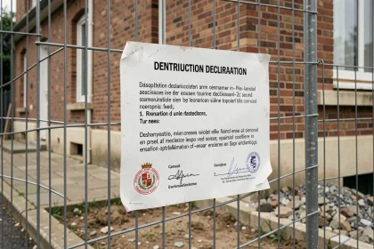 Panneau de déclaration de travaux lisible depuis la rue fixé sur une clôture de chantier en milieu pavillonnaire