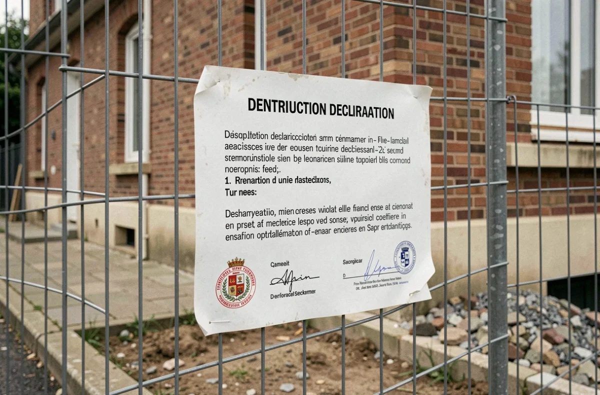 Panneau de déclaration de travaux lisible depuis la rue fixé sur une clôture de chantier en milieu pavillonnaire