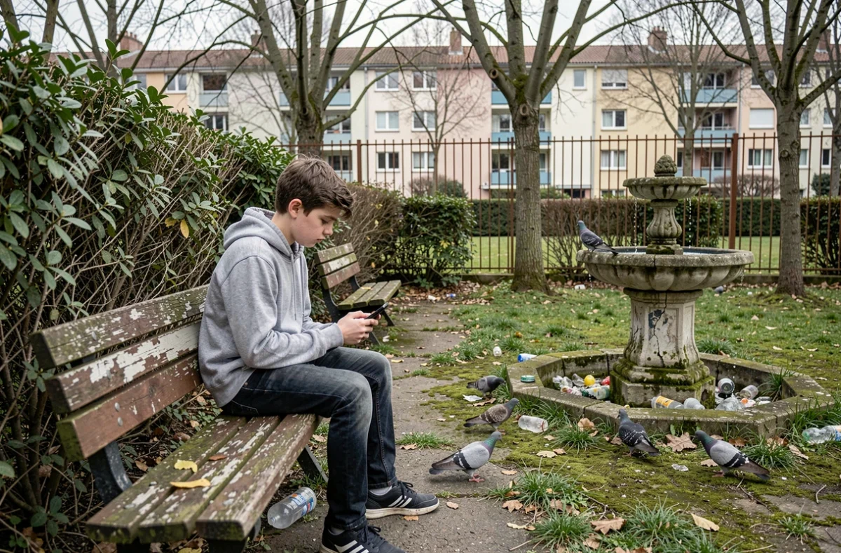 Parc urbain dégradé à Blois avec bancs abîmés et végétation négligée, représentant un quartier peu sécurisant en 2026