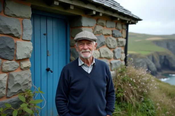 Pêcheur breton âgé en pull bleu devant sa maison
