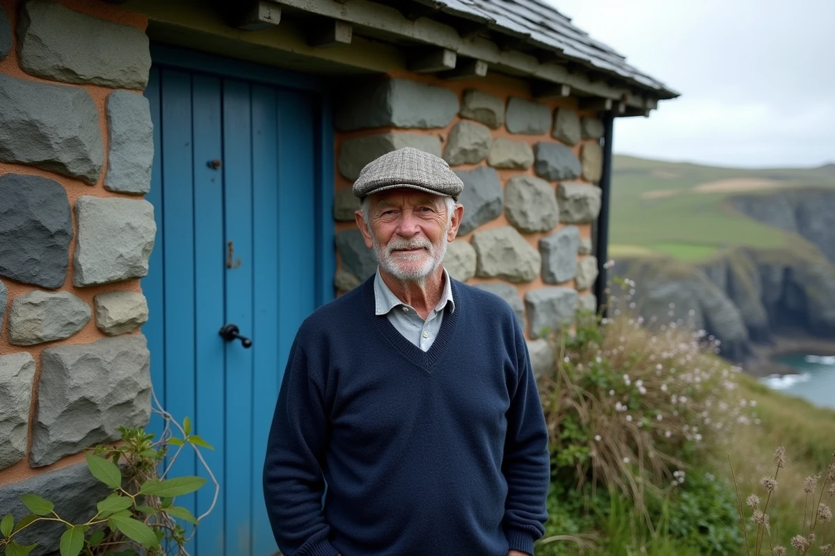 Pêcheur breton âgé en pull bleu devant sa maison