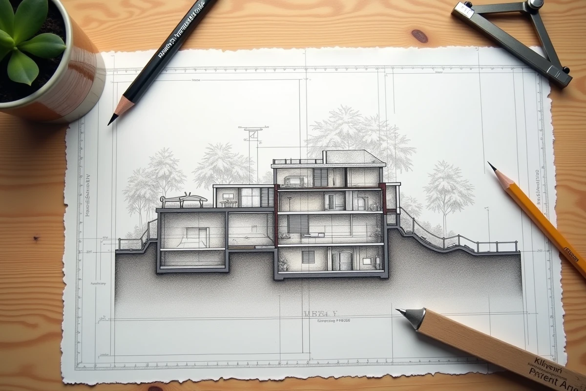 Gros plan sur un plan en coupe dessiné à l'échelle représentant le terrain et la construction avec outils de dessin technique
