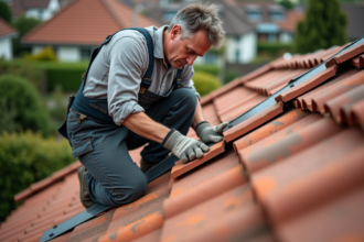 Couvreur middleaged posant des tuiles en terre cuite sur un toit en pente
