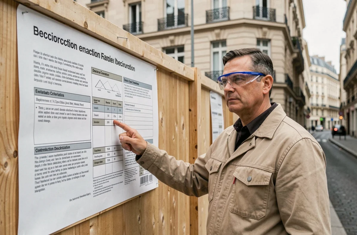 Professionnel du bâtiment vérifiant un panneau de déclaration de travaux affiché devant un immeuble en rénovation en milieu urbain