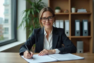 Femme professionnelle lisant des documents immobiliers dans un bureau