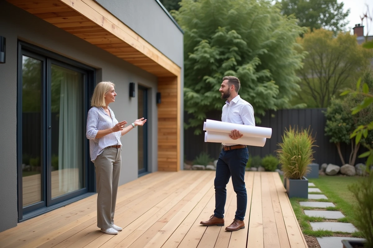 Propriétaire et architecte discutant de l'agrandissement d'une terrasse en bois et de ses implications fiscales