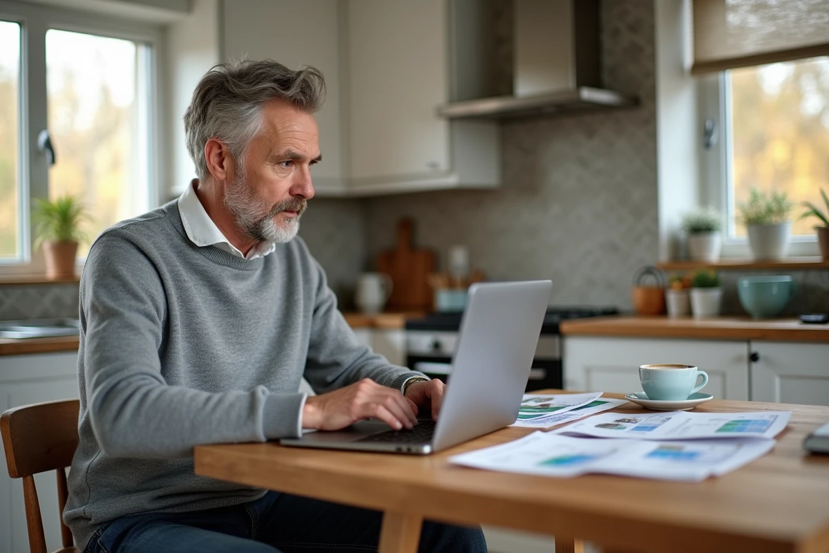 Propriétaire masculin utilisant un outil d'évaluation immobilière en ligne sur ordinateur portable dans une cuisine moderne