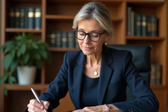 Propriétaire féminine examinant un bail de location à son bureau, entourée de documents juridiques et de classeurs légaux