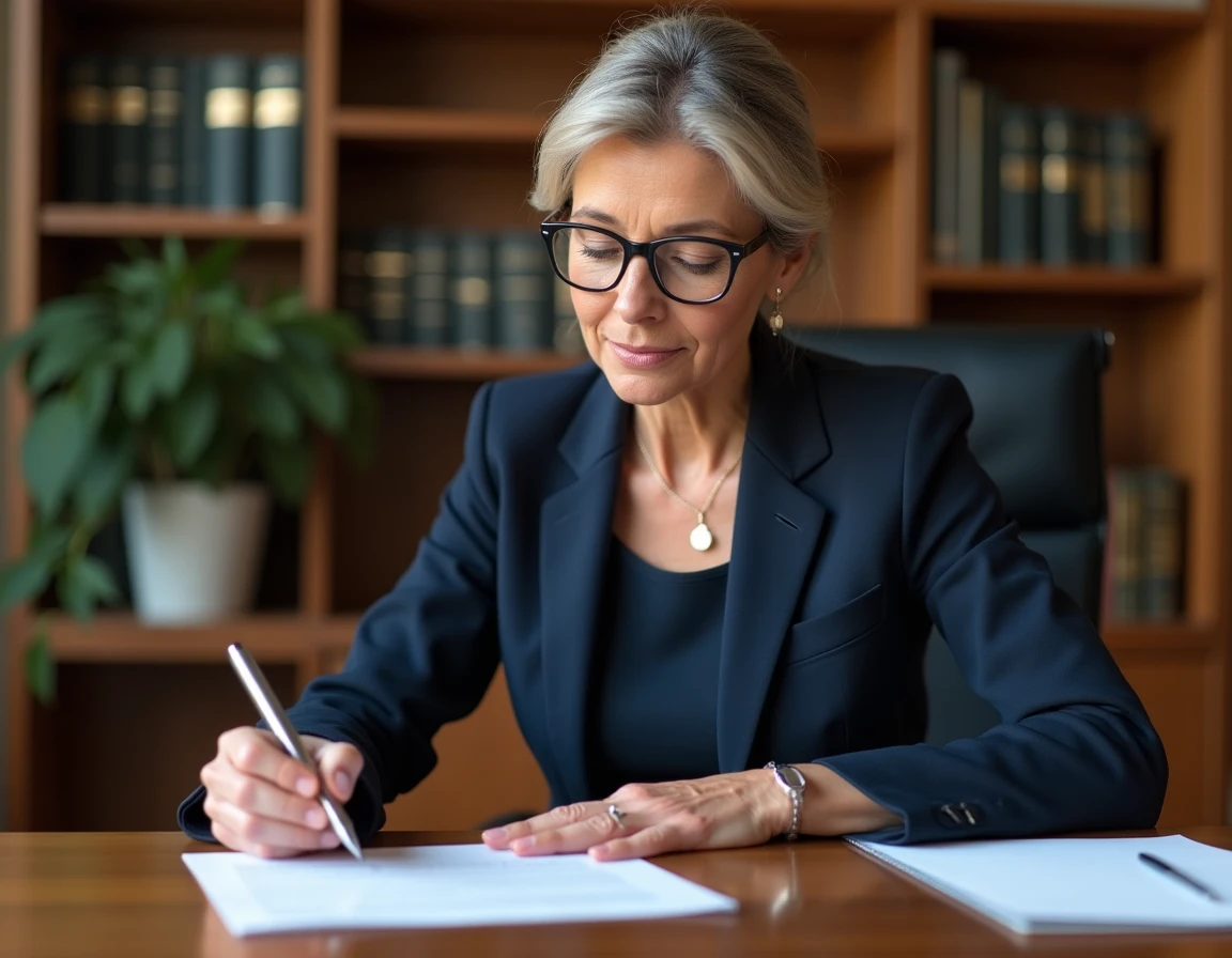 Propriétaire féminine examinant un bail de location à son bureau, entourée de documents juridiques et de classeurs légaux