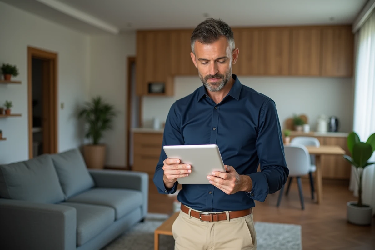 Propriétaire consultant la liste de mobilier obligatoire en location meublée sur tablette dans un appartement