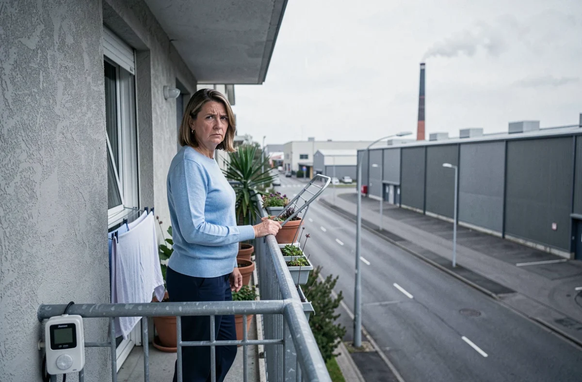 Femme sur son balcon observant la rue industrielle, capteur de qualité de l'air visible et cheminée d'usine en arrière-plan