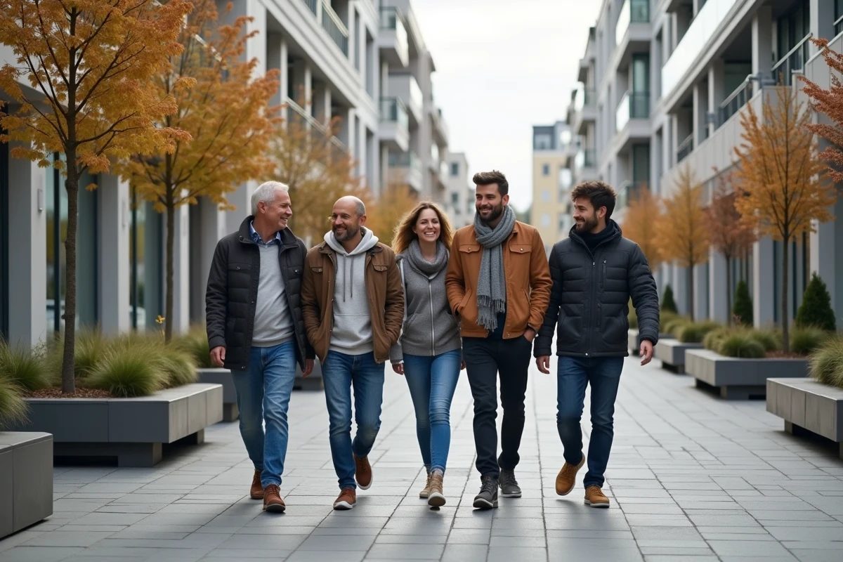 Groupe de jeunes et adultes dans une rue piétonne rénovée