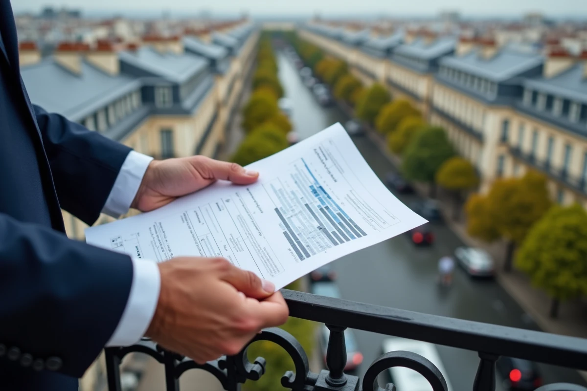 Professionnel de l'immobilier tenant un rapport d'estimation sur un balcon haussmannien avec vue sur les toits de Paris