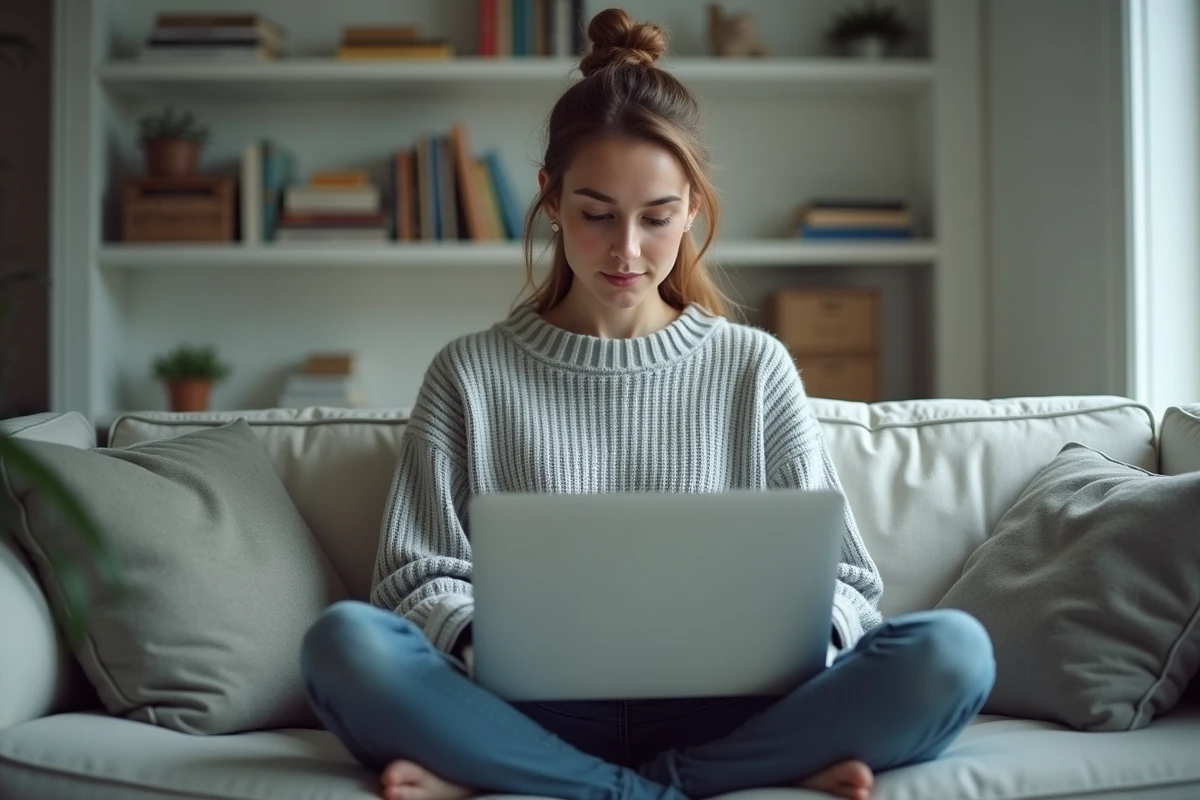 Jeune femme recherchant comment remplir le formulaire 3233-SD en ligne depuis chez elle