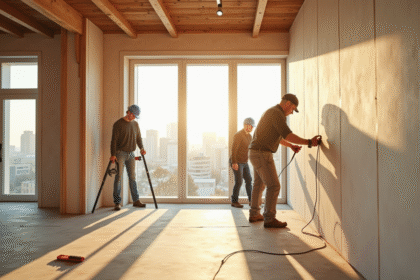 Equipe de rénovation posant l'isolation dans un appartement lumineux