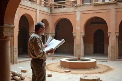 Architecte étudiant les plans de rénovation d'un riad traditionnel marocain en chantier à Marrakech